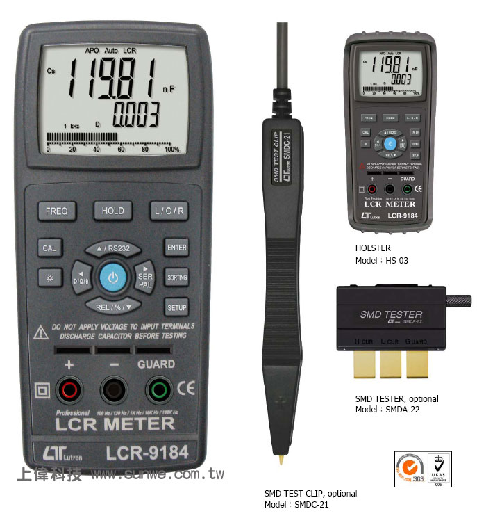 LCR-9184 M~LCR-19,999/1999 p LCD '۰ LCR ˬdMq'/pҦi LS/ LP / CS / CP D / Q / c / ESR Ѽ'䴩 DCR Ҧ 1.00[200.0M['ؤPWviѿܡG100 Hz/120 Hz/1 KHz/10 KHz/100 KHz.'ACիHqG0.6 Vrms'սdG( ex. F = 1 KHz )'L : 200.00 uH to 2000.0 H'C : 2000.0 pF to 2.000 mF'R : 20.000Ω to 200.0 MΩ'hhŹq˴'LCDIOAK\Ū'RS232/USB qs'۰\,ѤWޱM~P'u{w'תA,߹q02-22267567(N)ѱMHA