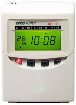 KP-101-KINGS POWER電子式微電腦打卡鐘-四欄位液晶顯示型-四欄位打卡'自動吸卡及退卡功能'大型背光液晶顯示時間,簡易明瞭'多種卡片可供選擇,例如月新.雙週薪及週薪卡片'內建萬年曆即日光節約時間'內建鋰電池保持記憶,停電後設定內容約可保持三年,電源 恢復後不必在設定,可繼續在使用'可設定卡片判別正反面。(卡片須有判別正反面之規格) 可設定列印★號(表示遲到或早退).內部音樂及外接訊號(需選購),共有48組'可設定上下班位置,共有24組'多種列印型式(包括六種星期語言)'列印型式可供選擇:1/60hr.1/100A.1/100B.1/10,由上偉科技專業銷售'工程安裝'維修服務,洽詢電話02-22267567(代表號)由專人服務