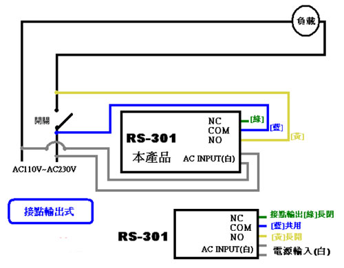 RS-301 室內吸頂式紅外線感應自動開關(AC輸入/接點輸出)配線範例