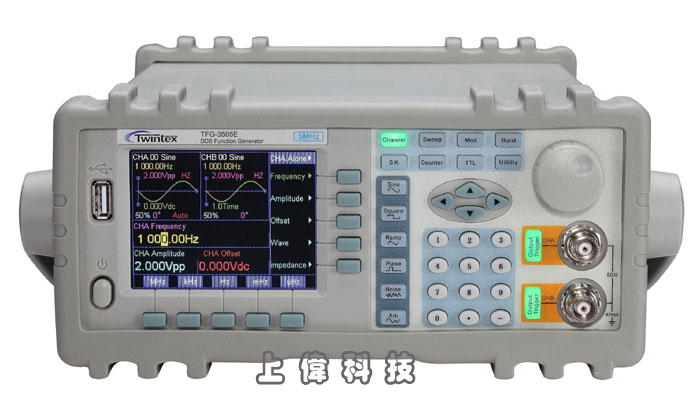 TFG3620E 數位任意波信號產生器-最大頻率輸出20MHz雙通道'3.5英寸TFT LCD顯示'採用先進DDS技術'具有任意波功能,做多可設置8組任意波'輸出32種標準或內部存儲的固定波形, 8組用戶波形'40組面板設定存儲及呼叫'最小輸出1mV (50Ω) 穩定波形'FM, FSK,ASK,PSK多種調製功能'過壓、過流、輸出短路、反灌電壓保護功能'按鍵操作,適用所有功能操作'數位按鍵和旋鈕輸入'採用SMT生產技術,可靠性高,由上偉科技專業銷售'工程安裝'維修服務,洽詢電話02-22267567(代表號)由專人服務