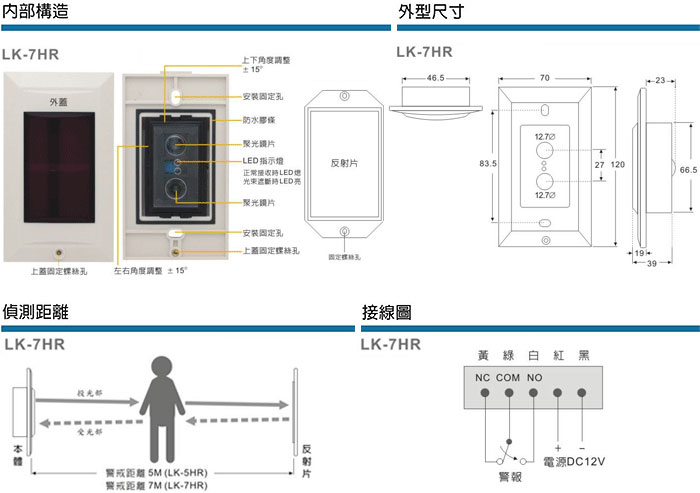 Garrison LK-7HR 反射式紅外線偵測器-7公尺埋入型高信賴度電路及特殊反光罩設計'可直接嵌入單聯電器盒安裝使用'特殊濾光罩材質可阻隔室內外一切可見光源'適用於走道,進出口,樓梯,停車場車道進出等,由上偉科技專業銷售'設備保固'維修服務,洽詢電話02-22267567(代表號)由專人服務