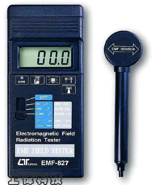EMF-827電磁波測試器-EMF-823 電磁波測試器用於快速 ' 簡單精確測量電力線週邊'家電產品及工業設備的電磁波輻射的強度'分離式感測棒 , 操作簡單及遠距測量'20/200/2,000 micro Tesla, 200/2,000/20,000 milli Gauss 廣泛的測量範圍'EMF-823 以手持方式有效測量 50Hz /60Hz 頻寬範圍內電磁波輻射的強度,由上偉科技專業銷售'工程安裝'維修服務,洽詢電話02-22267567(代表號)由專人服務