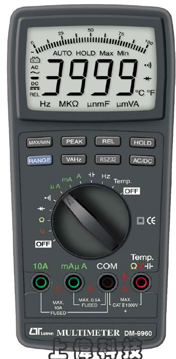 DM-9960智慧型自動換檔電錶-4000位數顯示器 , 具有類比刻畫顯示'交直流電壓:0.1mV ~ 1000V ±0.8% 或 ±1%'交直流電流:0.1uA ~ 10A ±1%'電阻:0.1 ~ 40M歐姆 ±1.5%'頻率:1HZ ~ 40MHZ ±0.5%'電容:1pF ~ 40mF ±3%'溫度:-20°C ~ 750°C ±1%'CAT Ш 1000V,由上偉科技專業銷售'工程安裝'維修服務,洽詢電話02-22267567(代表號)由專人服務