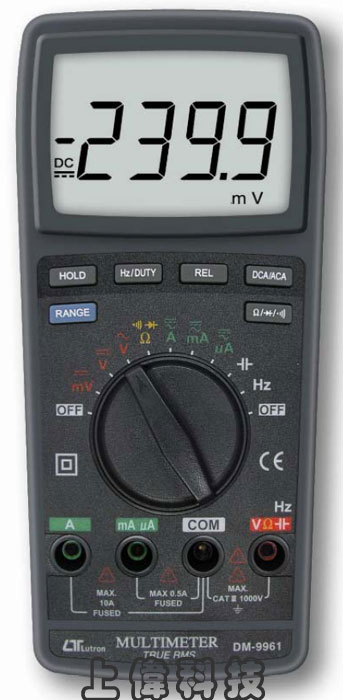 DM-9961多功能自動換檔電錶-4000位數顯示器 , 真均方根值(True RMS)'交直流電壓:0.1mV ~ 1000V ±0.8% 或 ±1%'交直流電流:0.1uA ~ 10A ±1%'電阻:0.1 ~ 40M歐姆 ±1.5%'頻率:1HZ ~ 40MHZ ±0.5%'電容:1pF ~ 40mF ±3%'導通蜂鳴 ' 二極體測試'CAT Ш 1000V,由上偉科技專業銷售'工程安裝'維修服務,洽詢電話02-22267567(代表號)由專人服務
