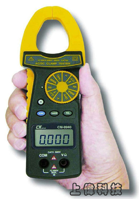 CM-9940迷你交直流鉤錶(鉤錶+電錶功能)-交直流電壓:0.001V ~ 600V ±1%'交直流電流:0.1A ~ 600A ±2%'電阻:0.1 ~ 40M歐姆 ±1%'頻率:0.01Hz ~ 100KHz ±1%'自動換檔,二極體及導通測試'鉤部口徑 30mm'DCA按鍵式歸零,讀值鎖定,由上偉科技專業銷售'工程安裝'維修服務,洽詢電話02-22267567(代表號)由專人服務