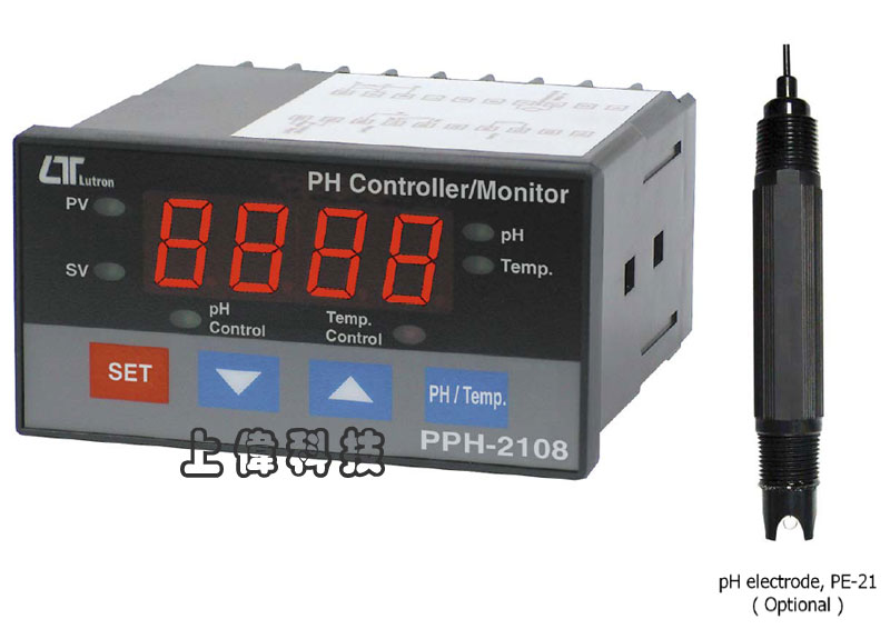 PPH-2108酸鹼度設定顯示錶-酸鹼度範圍:0 ~ 14.00PH'溫度範圍:-30 ~ 100°C'上/下限設定及警報設定功能'上/下限及警報設定繼電器輸出'工作電源:AC90 ~ 264V (50/60HZ)'PH電極及感溫棒皆為選購品'RS-232 / USB連接介面,由上偉科技專業銷售'工程安裝'維修服務,洽詢電話02-22267567(代表號)由專人服務