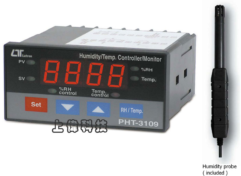 PHT-3109溫濕度設定顯示錶-濕度範圍:10 ~ 95.0(RH) ±3%'溫度範圍:-0 ~ 60.0°C ±0.8%'上/下限設定及警報設定功能'上/下限及警報設定繼電器輸出'工作電源:AC90 ~ 264V (50/60HZ)'PH電極及感溫棒皆為選購品'RS-232 / USB 連接介面,由上偉科技專業銷售'工程安裝'維修服務,洽詢電話02-22267567(代表號)由專人服務