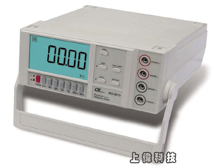 MO-2013高精度微電阻計-4 1/2 大型液晶顯示器,具有背光功能'測量範圍:0.001m ~ 19.999K歐姆'具有計算電纜線長度功能'具有過高/過低範圍警報(Hi/Lo)設定'具有符號及峰鳴判別指示功能(警報設定)'工作電壓:AC110V或220V兩種選擇'RS-232 / USB 連接介面,由上偉科技專業銷售'工程安裝'維修服務,洽詢電話02-22267567(代表號)由專人服務