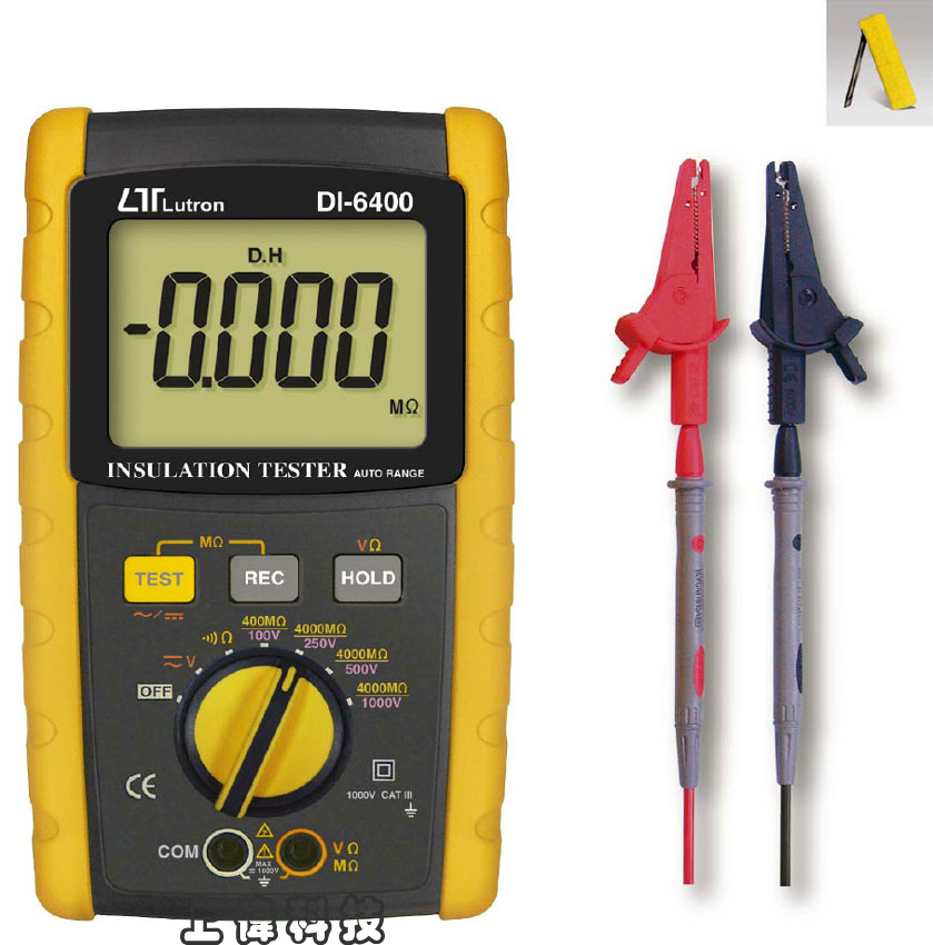 DI-6400絕緣阻抗測試器 (高阻計)-測量範圍:4MΩ / 40MΩ / 400MΩ / 4000MΩ(100V / 250V / 500V / 1000V) CAT Ш 1000V'電阻:0 ~ 400Ω /4000Ω . 自動換檔'導通蜂鳴測量'交流電壓:0 ~ 600.0V'採用大型液晶顯示器,容易讀取'自動放電迴路設計'內建過載保護裝置及電力不足指示功能'RS-232 / USB 連接介面,由上偉科技專業銷售'工程安裝'維修服務,洽詢電話02-22267567(代表號)由專人服務