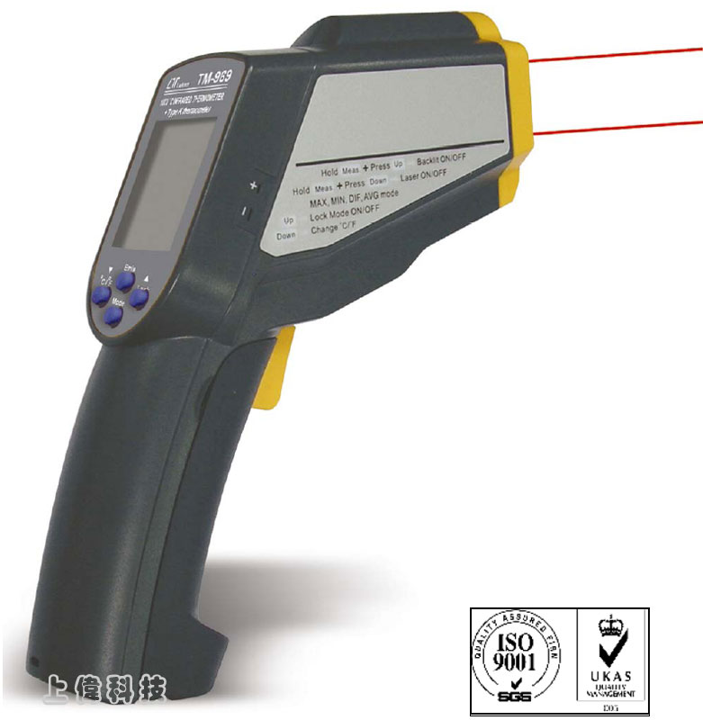 TM-969紅外線溫度計-測量範圍 : IR : -60 ~ 1000°C ±2%,Type K : -64 ~ 1400°C ±1%'放射率設定 : 0.10 ~ 1.00'距離與量測點比(D:S)=50:1'警報設定:可設定高 / 低兩組警報值'可記錄最大值'最小值及平均值'具有雙雷射指引點功能'顯示器具有背光顯示功能'攝氏(°C) / 華氏(°F)單位選擇,由上偉科技專業銷售'工程安裝'維修服務,洽詢電話02-22267567(代表號)由專人服務