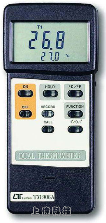 TM-906A智慧型雙組溫度計-測量範圍 : -50 ~ 1230°C (-50 ~ 1999ºF)'精確度 : ±0.75%'兩組溫度同時測量顯示'解析度選擇 : 0.1或1'感測棒形式 : TYPE K 熱電偶測棒'可記錄最大值'最小值及讀值鎖定'RS-232連接介面,由上偉科技專業銷售'工程安裝'維修服務,洽詢電話02-22267567(代表號)由專人服務