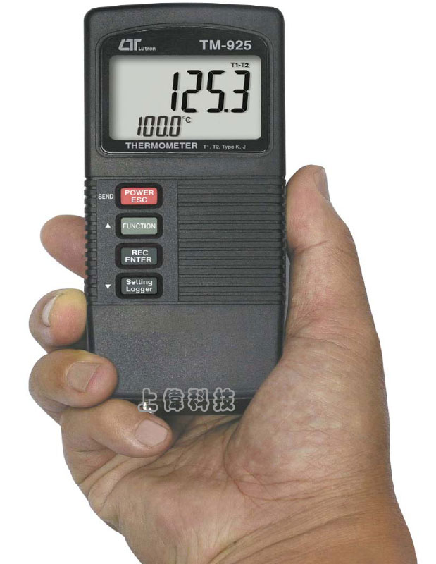 TM-925雙組溫度計-測量範圍 : Type K : -50.0 ~ 1300.0°C , Type J : -50.0 ~ 1100.0°C'兩組溫度同時測量顯示'精確度 : ±0.4%'攝氏(°C) / 華氏(°F)單位選擇'可記錄1600筆資料'讀值鎖定及記錄測量中之最大/最小值'RS-232 / USB 連接介面,由上偉科技專業銷售'工程安裝'維修服務,洽詢電話02-22267567(代表號)由專人服務