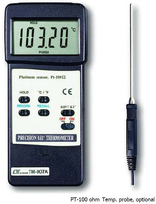 TM-907A 白金電阻溫度計-測量範圍 : -199.99 ~ 800°C,-199.99 ~ 1472°F'精確度 : ±0.1%'解析度選擇 : 0.01 或 0.1'可記錄最大值'最小值及讀值鎖定'只能搭配TP-100型感溫棒使用(選購品)'RS-232 / USB 連接介面,由上偉科技專業銷售'工程安裝'維修服務,洽詢電話02-22267567(代表號)由專人服務