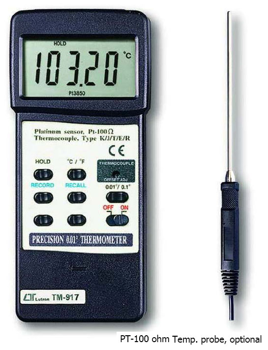 TM-917多功能精密溫度計-測量範圍 :TP-100 : -199.99 ~ 800.0°C,TYPE K : -100.00 ~ 1370.0°C,TYPE J : -90.00 ~ 900.0°C,TYPE T : -100.00 ~ 400.0°C,TYPE E : -80.00 ~ 779.9°C,TYPE R : 0.0 ~ 1770°C'可記錄最大值'最小值及讀值鎖定'精確度 : ±0.1%比較值功能(相對值)'RS-232 / USB 連接介面(軟體選購)'攝氏(°C) / 華氏(°F)單位選擇,由上偉科技專業銷售'工程安裝'維修服務,洽詢電話02-22267567(代表號)由專人服務