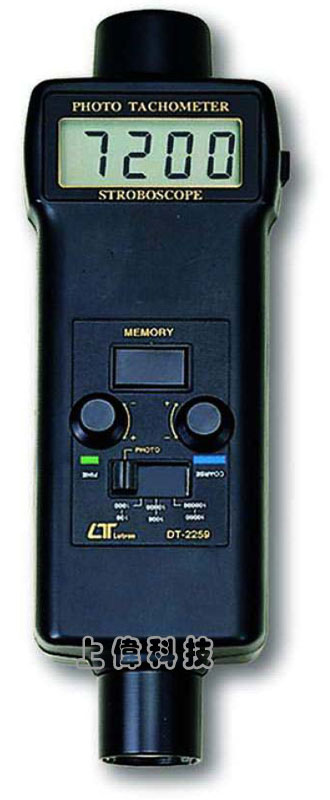 DT-2259 光電/閃頻兩用轉速計-光電測量範圍 : 5.0 ~ 99999 RPM'閃頻測量範圍 : 100 ~ 1000 FPM/RPM,1000 ~ 10000 FPM/RPM,10000 ~ 99999 FPM/RPM'閃頻採用超高亮度LED,省電耐用'精確度 : ±0.1%'可記錄測量過程中之最大/最小/最後值,由上偉科技專業銷售'工程安裝'維修服務,洽詢電話02-22267567(代表號)由專人服務