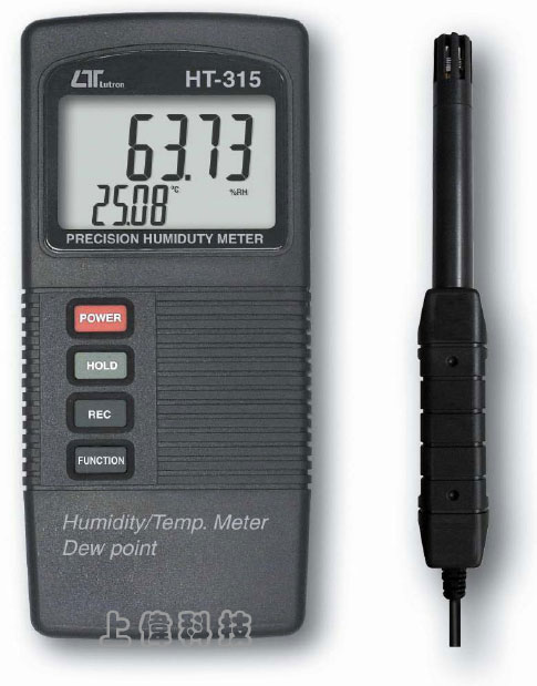 HT-315溫溼度計+露點計-溼度範圍 : 0 ~ 95.00% R.H ±3%'溫度範圍 : 0 ~ 50.00°C ±0.8%'露點範圍 : -25.3 ~ 48.9°C'雙視窗顯示器 , 同時顯示濕度及溫度值'讀值鎖定及記錄測量中之最大/最小值 RS-232 / USB 連接介面,由上偉科技專業銷售'工程安裝'維修服務,洽詢電話02-22267567(代表號)由專人服務