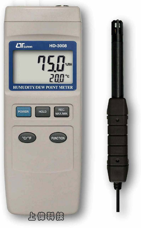 HD-3008露點/溫溼度計+TYPE K-露點範圍 : -25.3 ~ 48.9°C'溼度範圍 : 10.0 ~ 95.0%.±3%'溫度範圍 : 0~50.0°C .±0.8°C'TYPE K範圍 : -100.0 ~ 13000.0°C. ±0.2%'讀值鎖定及記錄測量中之最大/最小值'RS-232 / USB 輸出介面,由上偉科技專業銷售'工程安裝'維修服務,洽詢電話02-22267567(代表號)由專人服務