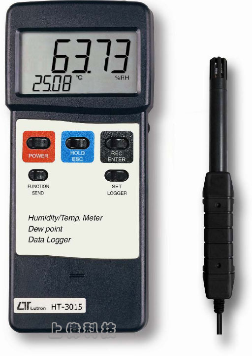 HT-3015記憶式溫溼度計+露點計-溼度範圍 : 0 ~ 95.00% ±3%'溫度範圍 : 0.01 ~ 50.00°C ±0.8%'露點範圍 : -25.30 ~ 48.90°C'高解析度 , 濕度 0.01% . 溫度 0.01°C'可記錄 1000 筆資料'雙視窗同時顯示測量溫濕度值'讀值鎖定及記錄測量中之最大/最小值'RS-232 / USB 輸出介面,由上偉科技專業銷售'工程安裝'維修服務,洽詢電話02-22267567(代表號)由專人服務