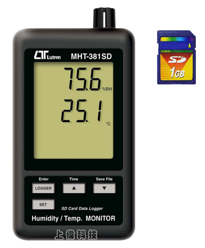 MHT-381SD 記憶式溫溼度計-即時將儀表輸出數據紀錄儲存於 SD 記憶卡 , 資料可下載到 Excel , 座圖表分析 (記憶卡選購)'溼度 10 ~ 90% RH.±4%'溫度 0°C ~ 50.0°C. ±0.8%'壁掛 / 桌立兩用'RS-232 / USB 連接介面,由上偉科技專業銷售'工程安裝'維修服務,洽詢電話02-22267567(代表號)由專人服務