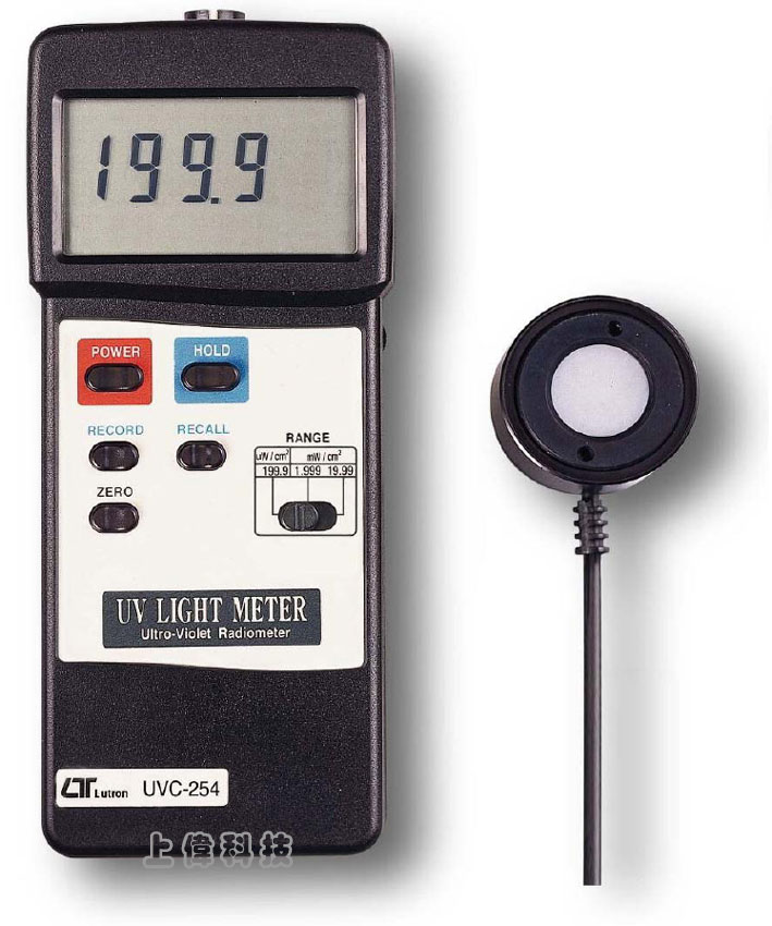 UVC-254紫外線光強度計-紫外線波長範圍 : 254nm'紫外線強度範圍 :0 ~ 199.9 uW/cmo,0 ~ 1.999 mW/cmo,0 ~ 19.99 mW/cmo'精確度 : ±2%'讀值鎖定記錄測量中之最大/最小值'RS-232 / USB 輸出介面,由上偉科技專業銷售'工程安裝'維修服務,洽詢電話02-22267567(代表號)由專人服務