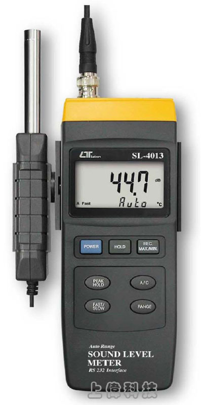 SL-4013分離式噪音計-測量範圍 : 30dB ~ 130dB (分貝)'測量頻率範圍 : 31.5 ~ 8000Hz'符合國際規範IEC61672 Class2'A/C頻率加權及時間加權選擇'快&慢選擇'採分離式麥克風設計,可延伸2米長'自動換檔及手動換檔選擇'峰值鎖定及記錄測量中之最大/最小值'RS-232 / USB 連接介面及AC電軋信號輸出,由上偉科技專業銷售'工程安裝'維修服務,洽詢電話02-22267567(代表號)由專人服務