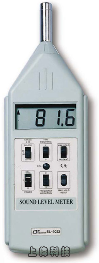 SL-4022精密型噪音計-測量範圍 : 30dB ~ 130dB(分貝)'測量頻率範圍 : 31.5 ~ 8000Hz'精確度 : ±1dB (94dB/1KHz)'符合國際規範IEC61672 Class2'A/C頻率加權及時間加權選擇'快&慢選擇'可抓取最大噪音值功能'AC電壓訊號輸出,由上偉科技專業銷售'工程安裝'維修服務,洽詢電話02-22267567(代表號)由專人服務
