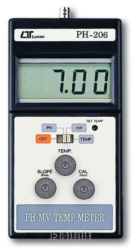 PH-206專業型酸鹼計-測量範圍 : PH: 0 ~ 14.00 PH ±0.01 PH,溫度: 0 ~ 100°C ±0.8°C,mV: ±2000mV ±0.5%'可採用自動或手動溫度補償'校正調整 : PH4 (斜率調整) , H7 (零點調整),由上偉科技專業銷售'工程安裝'維修服務,洽詢電話02-22267567(代表號)由專人服務