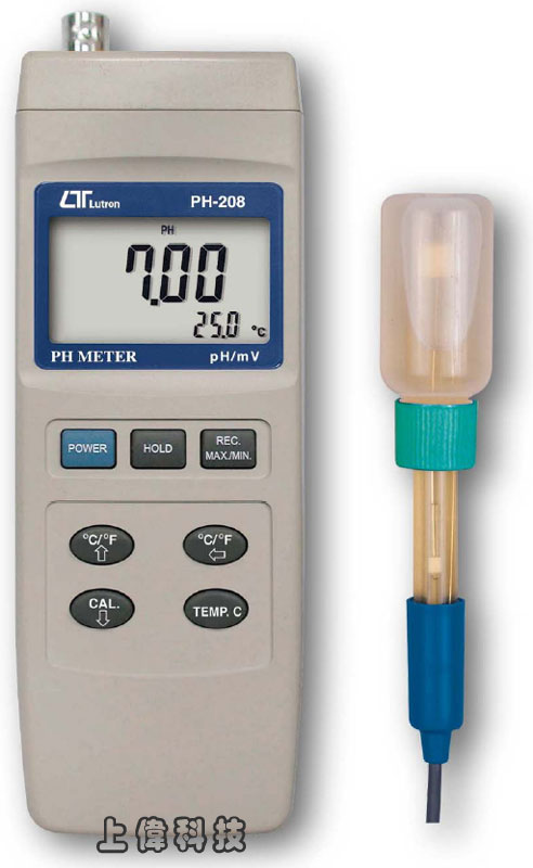 PH-208酸鹼計-測量範圍 :PH: 0 ~ 14.00 PH ±0.02PH,mV: -1999mV ~ 1999mV ±0.5% '手動溫度補償 : 0 ~ 100°C'自動溫度補償 : 0 ~ 65°C'校正調整 : PH4 (斜率調整) , PH7 (零點調整)'雙視窗同時顯示PH值及溫度'可記錄最大值,最小值及讀值鎖定'RS-232 / USB 輸出介面,由上偉科技專業銷售'工程安裝'維修服務,洽詢電話02-22267567(代表號)由專人服務