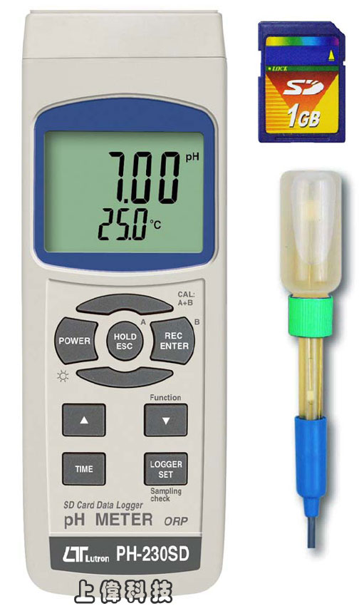 PH-230SD 記憶式酸鹼計-即時將儀表輸出數據紀錄儲存於 SD 記憶卡 , 資料可下載到 Excel , 座圖表分析'測量範圍 :,PH: 0 ~ 14.00 PH ±0.02PH,溫度: 0 ~ 100°C ±0.8°C,mV: 0 ~ 2000mV ±0.5%'校正調整 : PH4 . PH7 (兩點式校正調整) '可採用自動或手動溫度補償 雙視窗同時顯示PH值及溫度'可記錄最大值,最小值及讀值鎖定'RS-232 / USB 輸出介面,由上偉科技專業銷售'工程安裝'維修服務,洽詢電話02-22267567(代表號)由專人服務