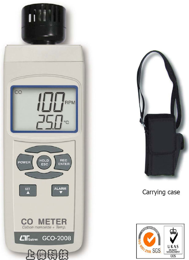 GCO-2008一氧化碳偵測器-一氧化碳測量範圍 : 0 ~ 1000 ppm'溫度範圍 : 0 ~ 50 ºC'一氧化碳偵測,具有警報功能'一氧化碳偵測時,具有自動溫度補償功能 可記錄最大值,最小值及讀值鎖定功能'RS-232 / USB 輸出介面,由上偉科技專業銷售'工程安裝'維修服務,洽詢電話02-22267567(代表號)由專人服務