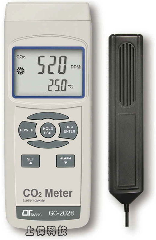 GC-2028二氧化碳偵測器-二氧化碳測量範圍 : 0 ~ 4000 ppm ,溫度 : 0 ~ 50.0 ºC'二氧化碳偵測,具有警報功能'可記錄最大值,最小值及讀值鎖定功能'RS-232 / USB 輸出介面,由上偉科技專業銷售'工程安裝'維修服務,洽詢電話02-22267567(代表號)由專人服務