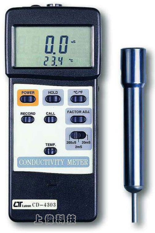 CD-4303智慧型電導度計-測量範圍 :0.1 ~ 199.9 uS,0.2 ~ 1.999 mS,2 ~ 19.99 mS'精確度 : ±2% (滿刻度)'溫度範圍 : 0 ~ 60 ºC ± 0.8 ºC'雙視窗同時顯示電導值/溫度值'可記錄最大值,最小值及讀值鎖定'RS-232 / USB 輸出介面,由上偉科技專業銷售'工程安裝'維修服務,洽詢電話02-22267567(代表號)由專人服務