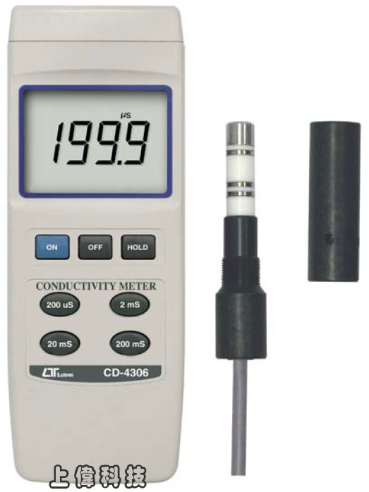 CD-4306電導度計-測量範圍 :0.1 ~ 200 uS,0.2 ~ 1.999 mS,2 ~ 19.99 mS,20 ~ 200 mS'精確度 : ±1% (滿刻度) 具有溫度補償功能' 讀值鎖定功能,由上偉科技專業銷售'工程安裝'維修服務,洽詢電話02-22267567(代表號)由專人服務