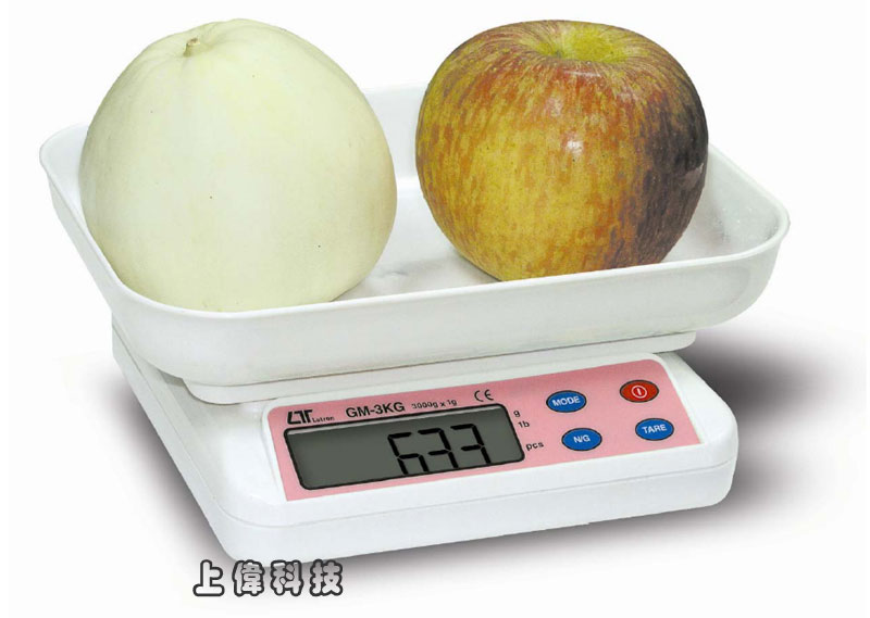 GM-3KG計重秤-秤量範圍 : 3 ~ 3000公克 , 解析度 : 1g'附料理專用秤盤,可適用於廚房用秤'秤量單位切換,公克/磅/台斤/PCS'具有自動背光及計數功能'具有自我校正及扣重,歸零功能'自動關機省電功能,由上偉科技專業銷售'工程安裝'維修服務,洽詢電話02-22267567(代表號)由專人服務