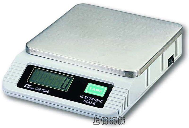 GM-5000 數字磅秤-秤量範圍 : 3 ~ 5000公克'解析度 : 1公克'精確度 : ±0.3%'具有扣重'歸零功能'公克/盎司單位切換'GM-5000 有 RS-232/USB 連接介面,由上偉科技專業銷售'工程安裝'維修服務,洽詢電話02-22267567(代表號)由專人服務