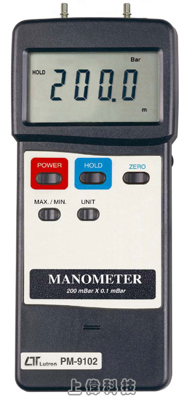 PM-9102 壓力/差壓計-測量範圍 : PM-9102 : 0 ~ 200.0毫巴(mbar)'雙壓力感應器,可測量壓力及差壓 精確度 : ±2%'八種單位選擇切換 : mbar ' psi ' Kg/cm2 ' mm/Hg ' inch/Hg ' meter/H2o ' inch/H2O ' Atmosphere'讀值鎖定及記錄測量中之最大/最小值'RS-232/USB 連接介面,由上偉科技專業銷售'工程安裝'維修服務,洽詢電話02-22267567(代表號)由專人服務