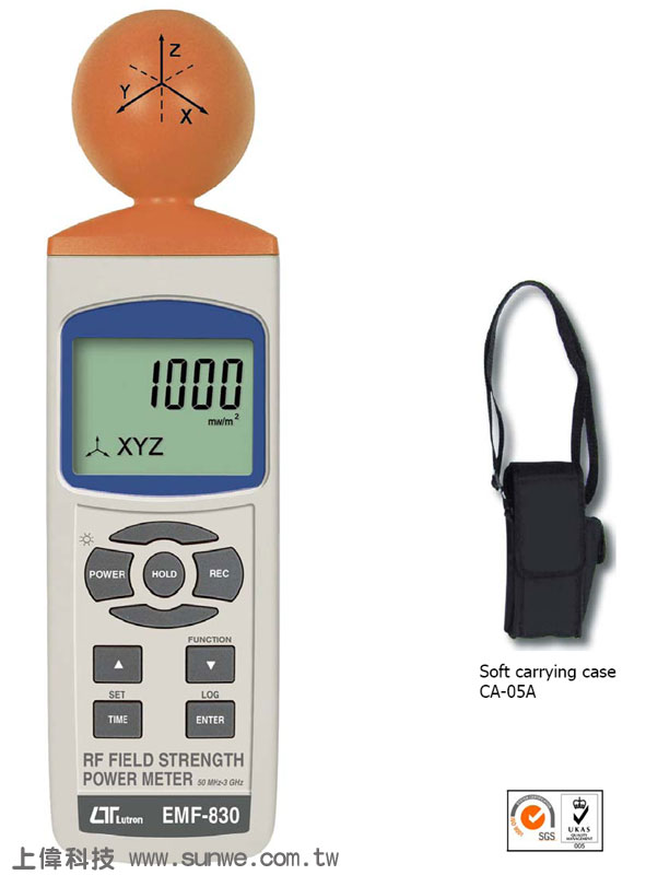 EMF-830 高頻電場強度計 (10MHZ~8GHZ)-無線場強功率測量:GSM, CDMA,TDMA, WiFi, WiMAX的藍牙, 保全系統, 無線電話, Zigbee....'10MHz到8GHz寬的測量的頻率範圍'測量單位:uW/m^2, mW/m2, W/m^2,mV/m, V/m, uA/m, mA/m, uW/m^2, mW/m^2, W/m^2, uW/cm^2 mW/cm^2.'3軸感測棒'背光圖形點陣液晶有4個功能屏幕,數字和條形圖顯示與警示標誌'測量數據超過警戒值,蜂鳴器會發出聲音警告 可以設定自動關機或手動關機'讀值鎖定,紀錄最大值及最小值'微電腦電路提供特別功能和高準確度 可由 UM3/AA (1.5V) x 6顆電池或 DC 9V 變壓器提供電源'RS232/USB 電腦介面,由上偉科技專業銷售'工程安裝'維修服務,洽詢電話02-22267567(代表號)由專人服務