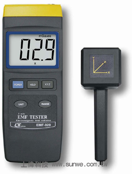 EMF-828 3D 電磁波測試器-具 X、Y、Z 三軸指向電磁波強度測量'EMF-828 電磁波測試器用於快速簡單、精確測量電力線週邊'家電產品及工業設備的電磁波輻射的強度'20/200/2,000 micro Tesla, 200/2,000/20,000 milli Gauss 廣泛的測量範圍'EMF-828 以手持方式有效測量 30Hz to 300Hz.頻寬範圍內電磁波輻射的強度'超大 LCD 液晶螢幕數字顯示'讀值鎖定'分離式感測棒,操作簡單及遠距測量'DC 9V電池供應電力'購買時硬盒包括在內,由上偉科技專業銷售'工程安裝'維修服務,洽詢電話02-22267567(代表號)由專人服務