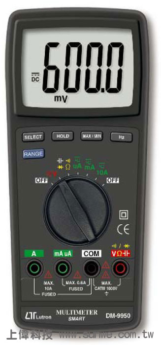 DM-9950 智慧型自動換檔電錶-智慧功能的數位電錶'符合 CAT III-1000 V 規範'6000 計數 A/D,高解析度'ACV,ACA,DCV,DCA,電阻,持續性,頻率,電容,二極體,讀值鎖定'智慧功能可鎖定自動或手動量程'內建五種智能操作功能: V , Ω , uA, mA , 10A 'V 功能可以自動量程自動選擇ACV,DCV'Ω 功能,可以選擇電阻,二極管,連續性蜂鳴器,電容自動量程'10A,mA,uA 功能可以測量ACA,DCA自動範圍'讀值鎖定 (自動範圍)'自動關機可以節省電池壽命'10 A, uA, mA 內有保險絲保護'10M 歐姆阻抗電壓電路'內置的過載保護大部分範圍'LSI電路提供高可靠性和耐久性'採用堅固耐用,ABS塑料外殼,由上偉科技專業銷售'工程安裝'維修服務,洽詢電話02-22267567(代表號)由專人服務