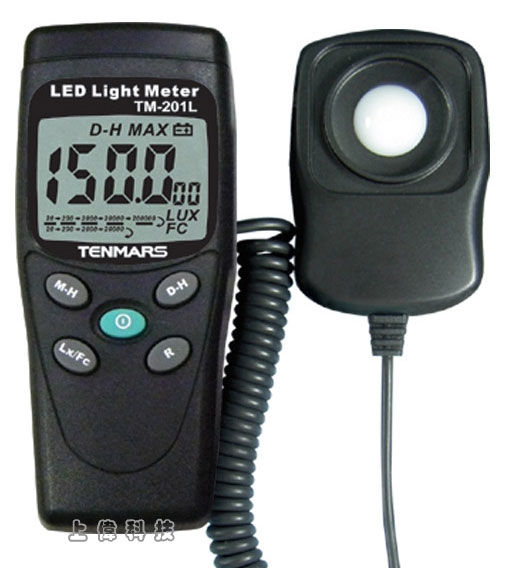 TM-201L LUX/FC 白色 LED 照度錶-過載顯示OL'低電力顯示'取樣率: 2.5次/秒'光譜響應曲線趨近於 CIE(國際照明協會)標準分光光譜曲線'斜入射光修正'符合 JIS C 1609 : 1993 及 CNS 5119 一般A等級 測量光源 : 白色LED燈及所有可見光'測量 : 有 Lux, Fc 可供選擇'資料鎖定'最大值鎖定'歸零調整,由上偉科技專業銷售'工程安裝'維修服務,洽詢電話02-22267567(代表號)由專人服務