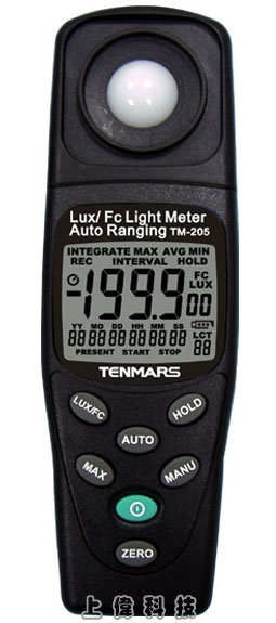 TM-205 LUX/FC 自動換檔照度錶-3½ 位液晶顯示器顯示,最大讀值 1999'矽光二極體及彩色濾光片'測量光源含括所有可見光'分光曲線修正,符合國際標準'餘弦角度測量修正'光譜響應曲線趨近於 CIE(國際照明協會)標準分光光譜曲線'過載顯示 OL,由上偉科技專業銷售'工程安裝'維修服務,洽詢電話02-22267567(代表號)由專人服務
