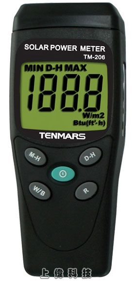 TM-206 太陽能功率錶-3½ 位液晶顯示器顯示,最大讀值 1999'超載顯示''OL'''測量 : 有 W/m2 或BTU (ft2*h) 可供選擇'長期使用穩定,由上偉科技專業銷售'工程安裝'維修服務,洽詢電話02-22267567(代表號)由專人服務