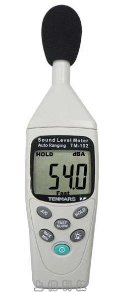TM-102 數位式噪音計-測量範圍:30 dB~130dB (分貝)自動換檔'頻率響應:31.5Hz ~8KHz'顯示器:4位液晶顯示器,解析度:0.1 dB'最大或最小讀值鎖定 過範圍檔位指示'快速(FAST)和慢速(SLOW)響應時間選擇'A和C頻率加權特性選擇,由上偉科技專業銷售'工程安裝'維修服務,洽詢電話02-22267567(代表號)由專人服務