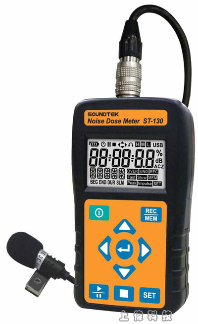 ST-130 噪音劑量計+噪音錶-二合一噪音劑量計, 具有噪音計和噪音劑量計測量功能'符合OSHA 和 IEC 計量資訊標準'噪音曝露劑量量測範圍 : 0~999.9%'內建六種噪音計量測試量程 : OSHA , MSHA , DOD , ACGIH , ISO85 , ISO90.'使用者可依需求自我定義計量測試量程'可調式噪音音壓級標準設定,交換率及門檻音壓位準'資料記錄功能,最多紀錄10000筆計量資訊,由上偉科技專業銷售'工程安裝'維修服務,洽詢電話02-22267567(代表號)由專人服務