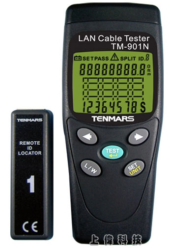 TM-901N LCD 網路線測試計-網路線測試器,是一手持式測試儀器。讓使用者檢查測試及維修雙絞線之網路線'測試器具有以下特色:偵測網路線之開路、短路、錯線、分離對,顯示圖形式配線圖於同一畫面,包含開路、短路、錯線、分離對以及遠端位置器,只需一對線即可識別遠端位置器,量測長度功能,使用最多8個遠端位置器,低電壓指示,自動背光,自動關機,由上偉科技專業銷售'工程安裝'維修服務,洽詢電話02-22267567(代表號)由專人服務