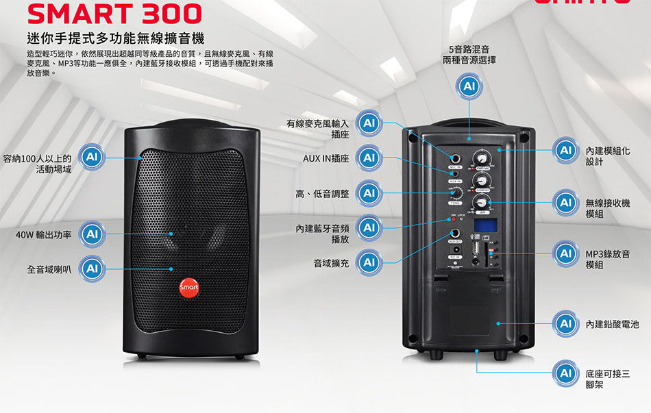 SMART 300 迷你手提式多功能無線擴音機-上偉科技www.sunwe.com.tw