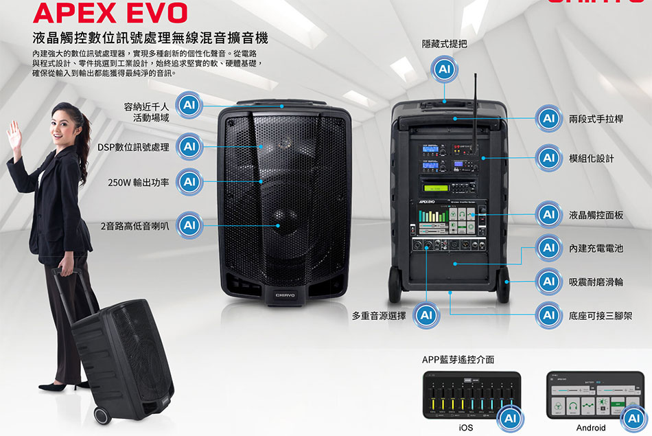 APEX EVO 液晶觸控數位訊號處理無線混音擴音機-上偉科技www.sunwe.com.tw