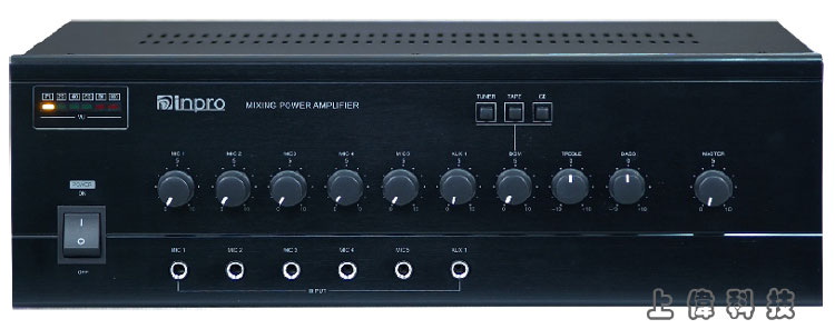 YT-200 inpro 廣播擴大機-前後級200W功率'5CH 麥克風輸入,1CH AUX 輸入,音量可獨立調整控制'具高/低阻抗輸出'具 ψ6.3m/m 非平衡式混合輸入插座 外部輸入具 3 組梅花端子接座'附 LED VU 指示燈 MIC 1 具有優先廣播功能並能自動切斷外接音源 具有高/低音音質控制,由上偉科技專業銷售'工程安裝'維修服務,洽詢電話02-22267567(代表號)由專人服務