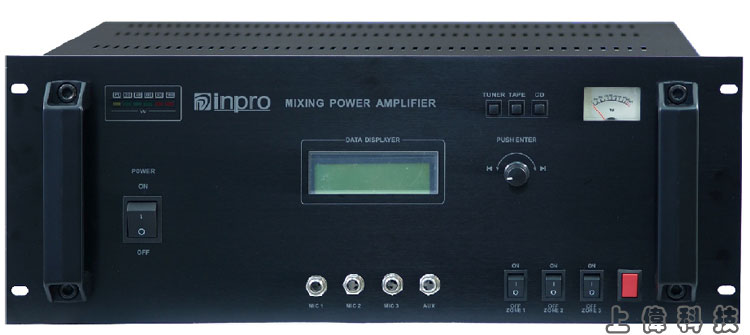 NA-1000DA inpro 分區廣播擴大機-前後級1000W功率+3區喇叭選擇+電話遙控廣播模擬電信局48V局線電壓、功能、DTMF 解調'具液晶顯示幕與開關,可顯示音量值、高低音控制、機內溫度顯示及各項參數設定'具超載、短路、保護開關自動跳脫等保護功能'具有線路偵測故障及偵測負載瓦數之指示表,由上偉科技專業銷售'工程安裝'維修服務,洽詢電話02-22267567(代表號)由專人服務