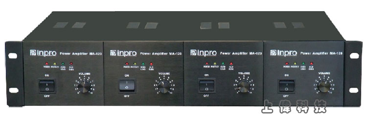 MA-60 inpro 4CH 模組式廣播擴大機-60W功率*4ch'設計模組式獨立功率放大器在一個機箱中,提供了多種選擇,以滿足不同大小的聲音系統需要 具 POWER/OVER LOAD/CLIP OVER/SIGNAL 指示燈'具音量調整控制鈕'採 2U 設計方式,可安裝於 19”標準機櫃'保護功能:過熱、過載、短路等完善保護功能,由上偉科技專業銷售'工程安裝'維修服務,洽詢電話02-22267567(代表號)由專人服務